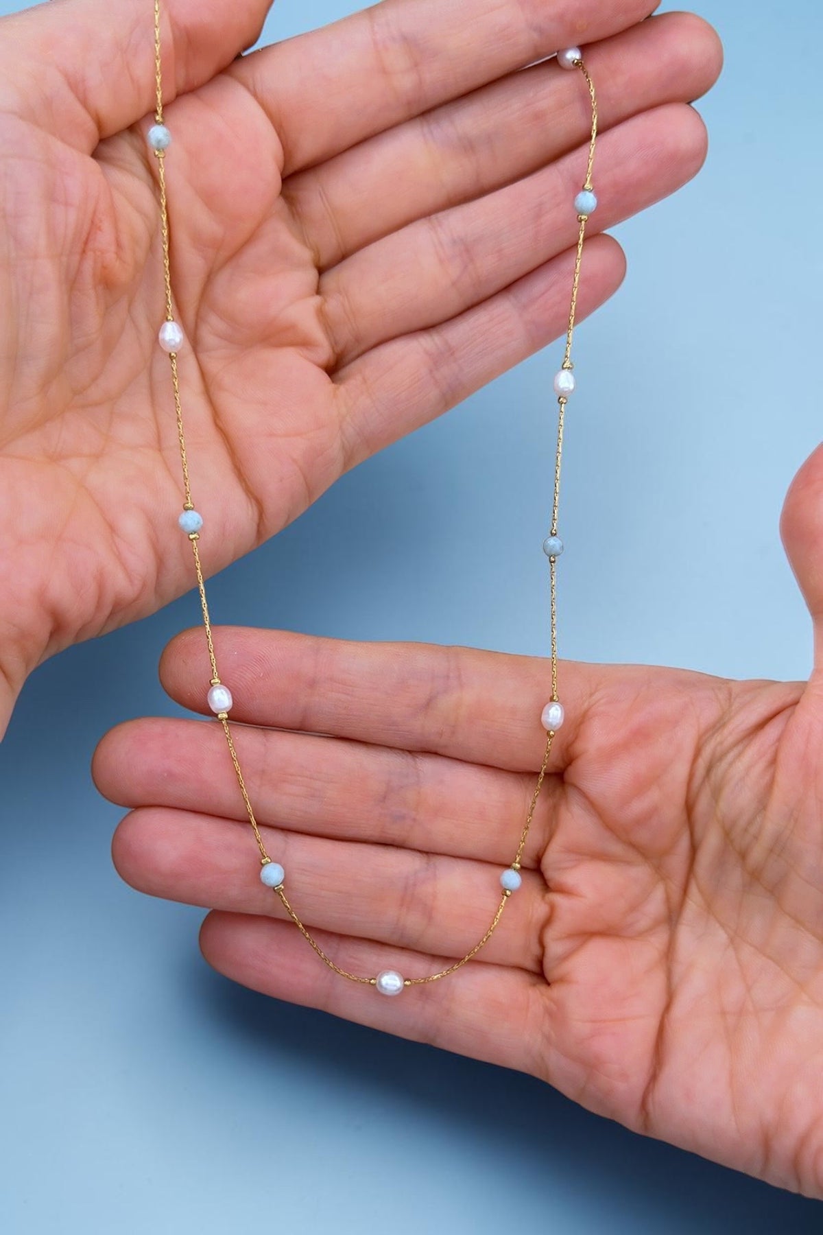Chic Larimar & Süsswasserperlen | Halskette handgefertigt