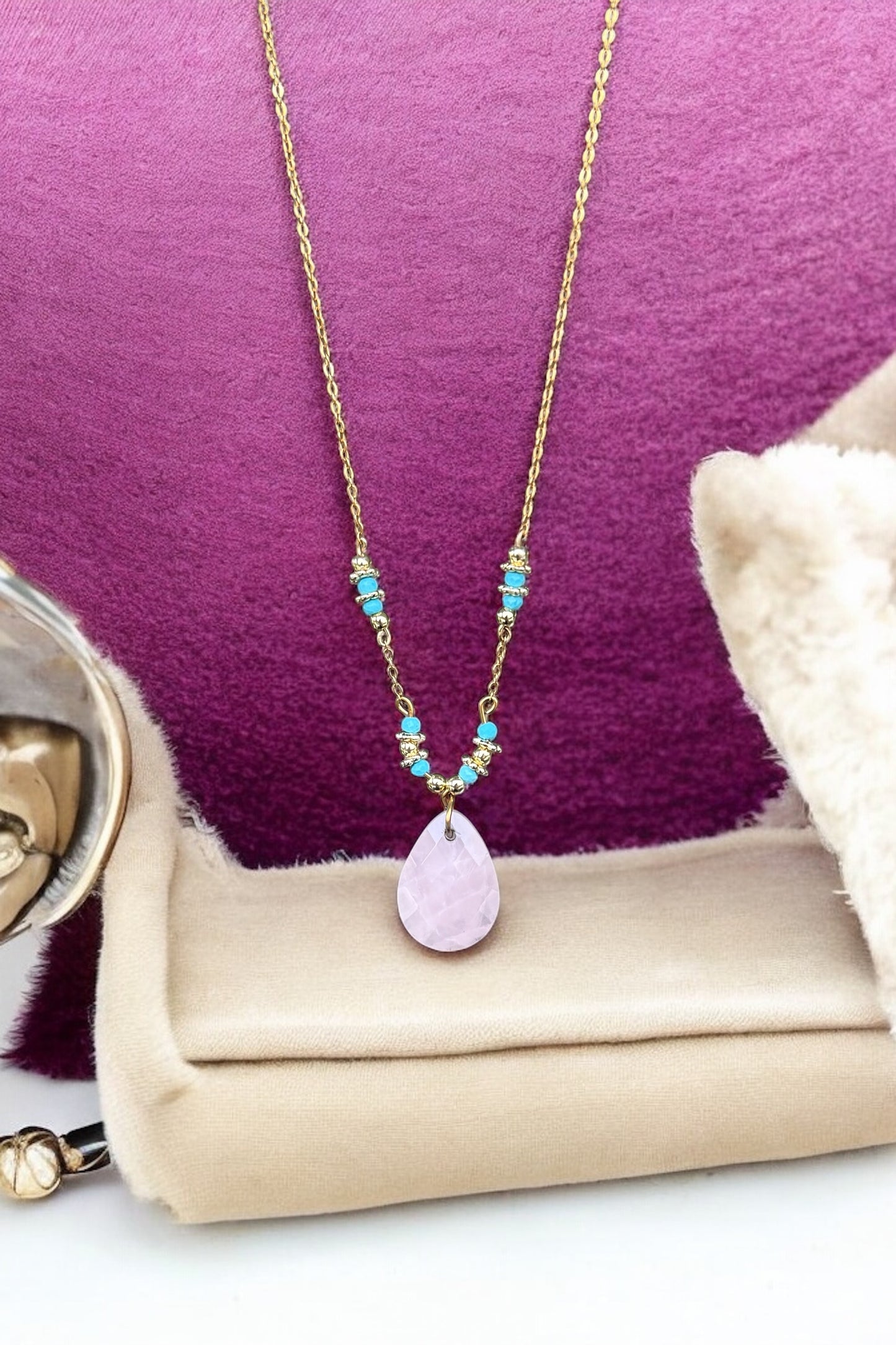 Chic Türkis & Rosenquarz | Halskette handgefertigt