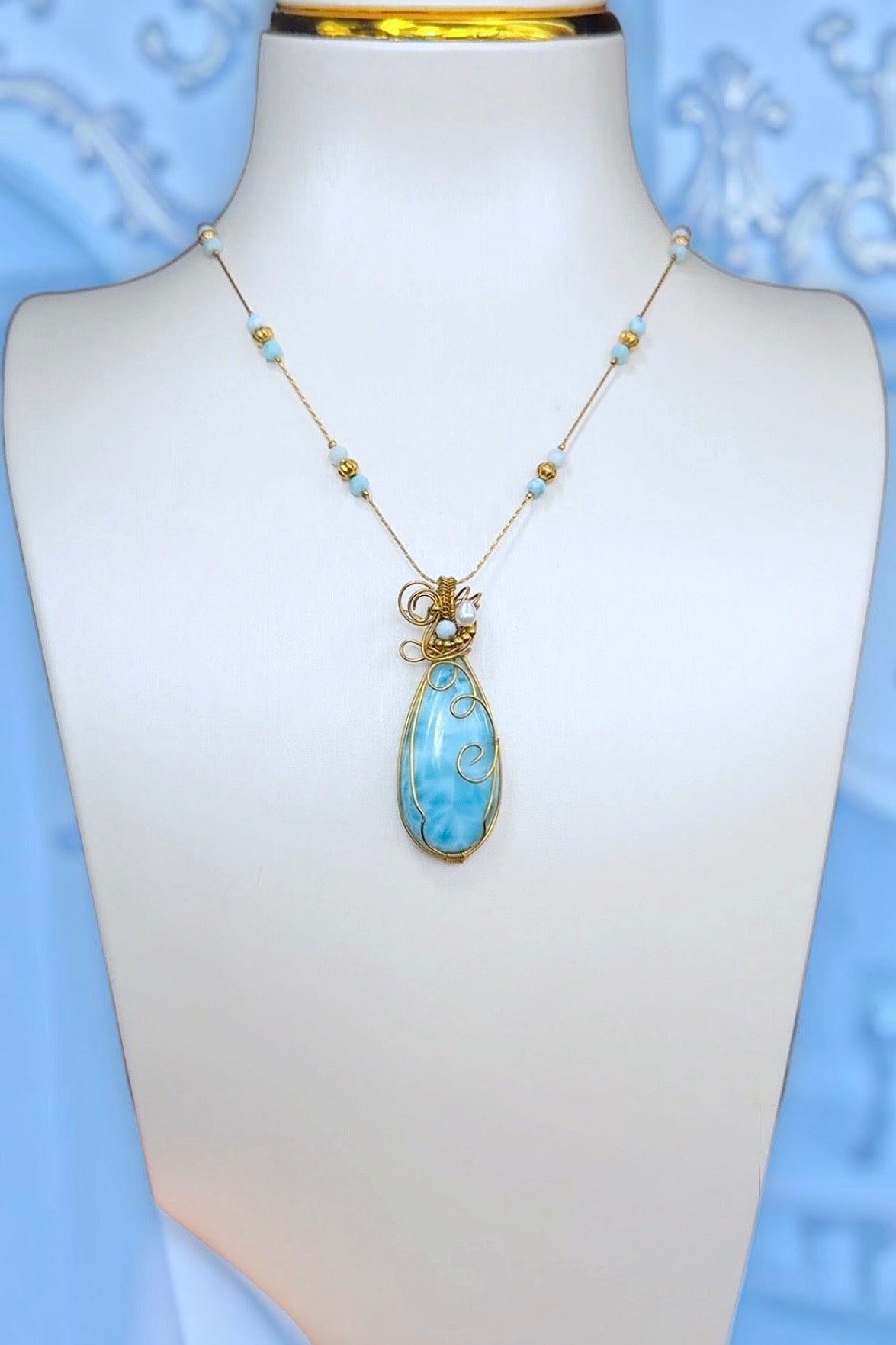 Larimar in Edelstahldraht kunstvoll gefasst | Halskette handgefertigt 6 Std.