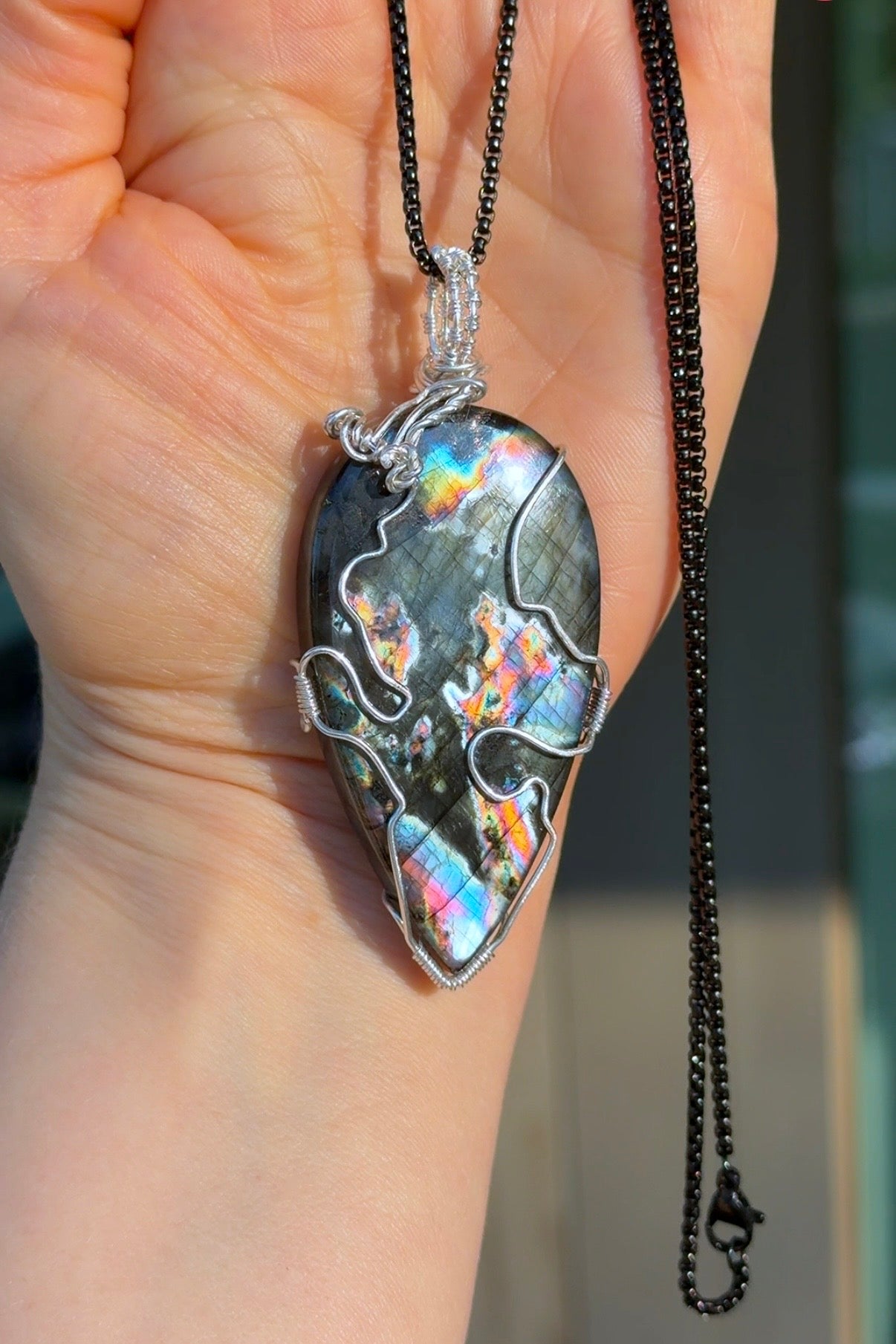 Amulett Halskette | Silber 925, Labradorit, Turmalin | Halskette handgefertigt 14 Std.