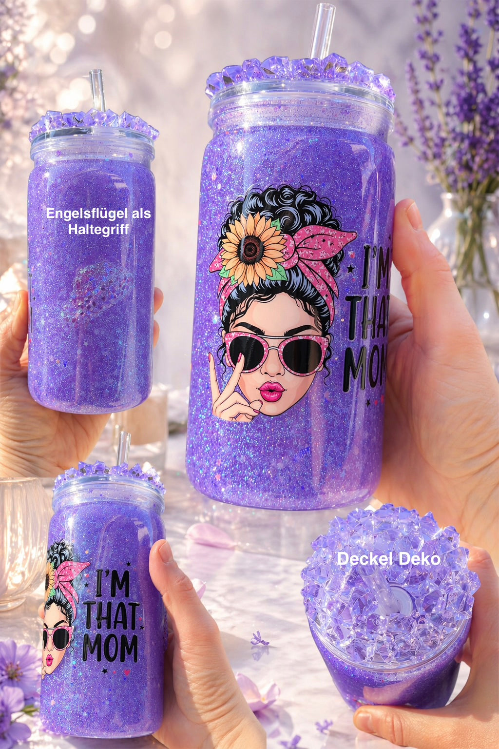 Handgefertigter Trinkbecher mit Glitzer, Deckel Deko & Engelflügel als Haltegriff | 16OZ