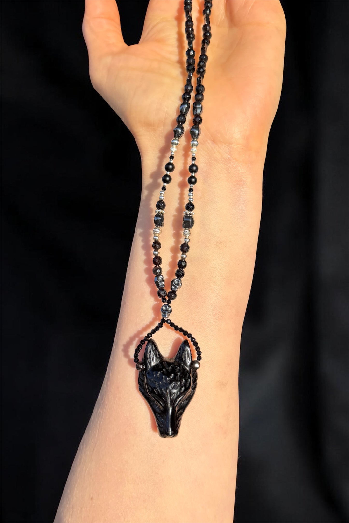 Silber 925, Obsidian, Achat, Hämatit | Wolf & Schädel | Halskette handgefertigt