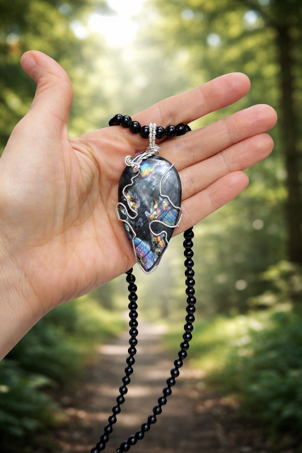 Amulett Halskette  | Silber 925, Labradorit, Turmalin| Halskette handgefertigt