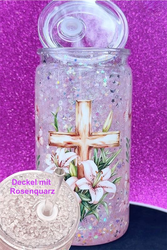 Handgefertigter Trinkbecher mit Glitzer & Rosenquarz-Deckel | 16OZ