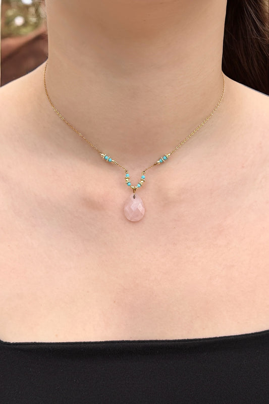 Chic Türkis & Rosenquarz | Halskette handgefertigt