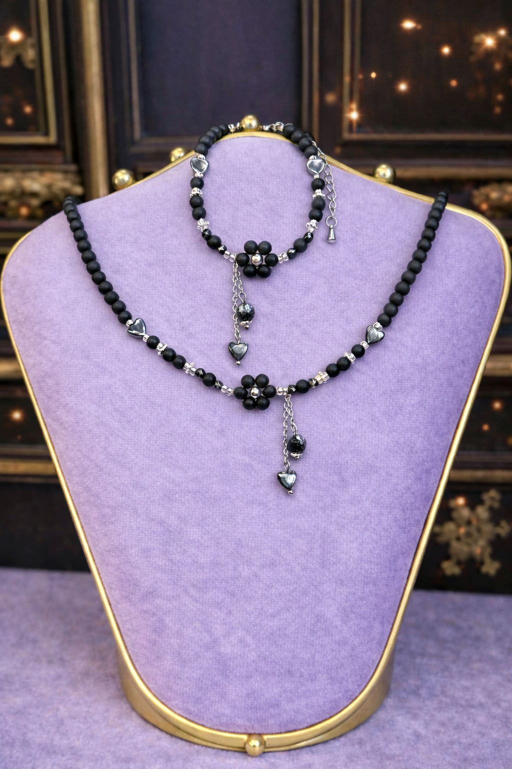 Blume ‚Eleganz‘ Onyx | Halskette & Armband als Set oder Einzeln handgefertigt