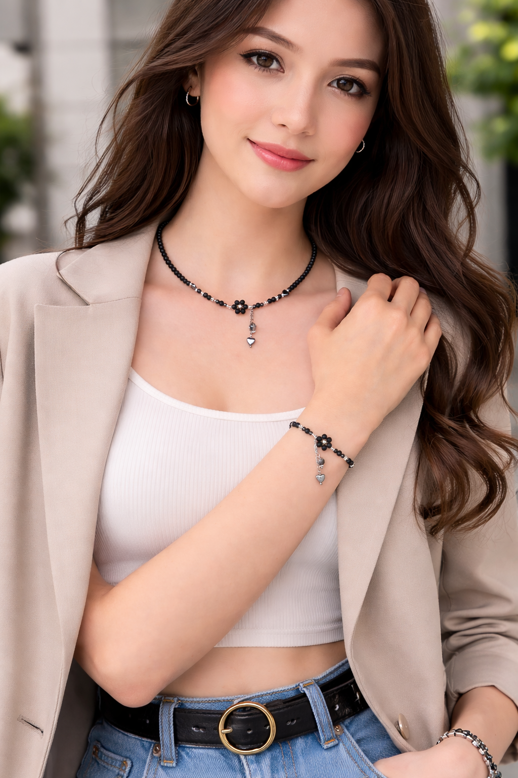 Blume ‚Eleganz‘ Onyx | Halskette & Armband als Set oder Einzeln handgefertigt