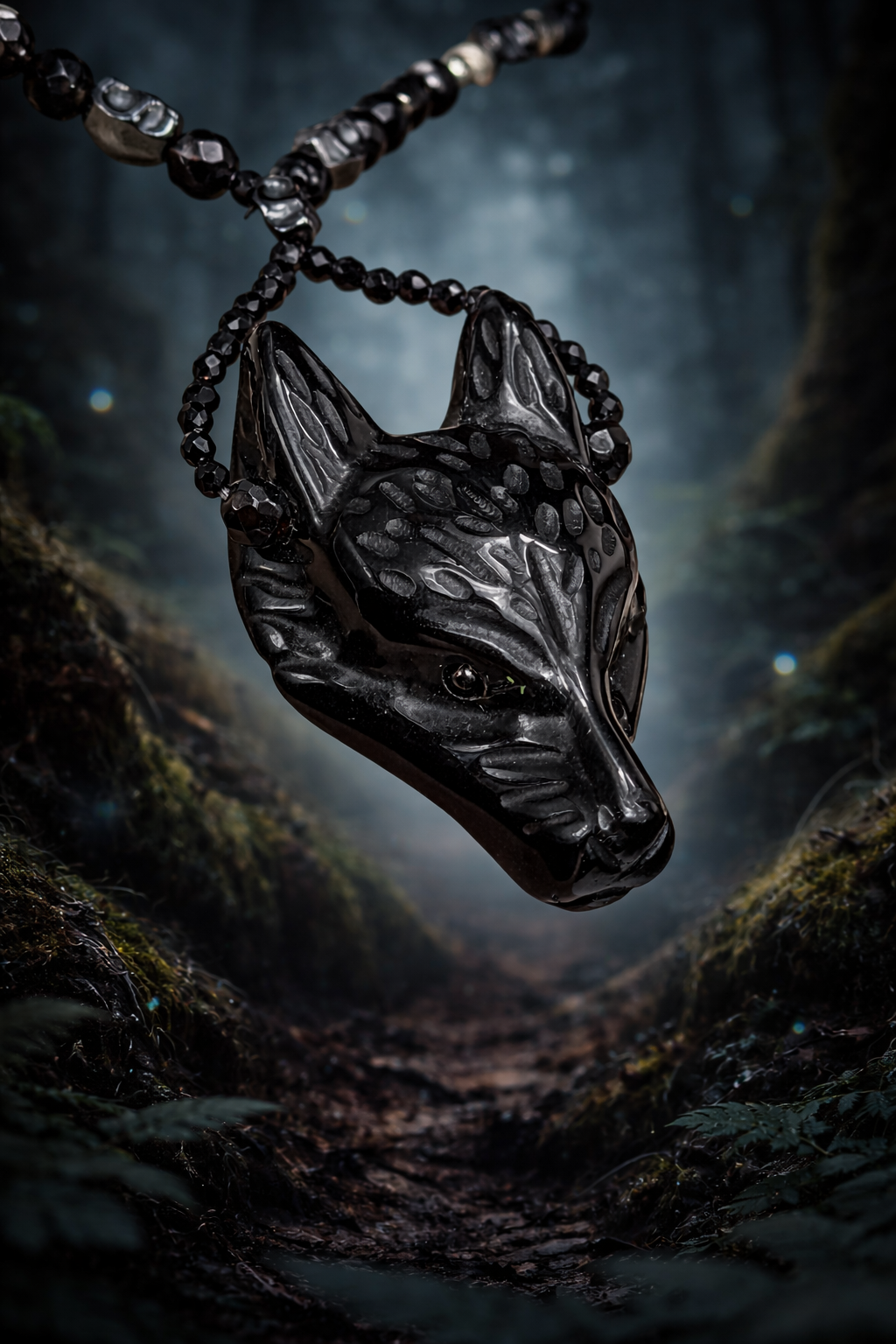 Silber 925, Obsidian, Achat, Hämatit | Wolf & Schädel | Halskette handgefertigt