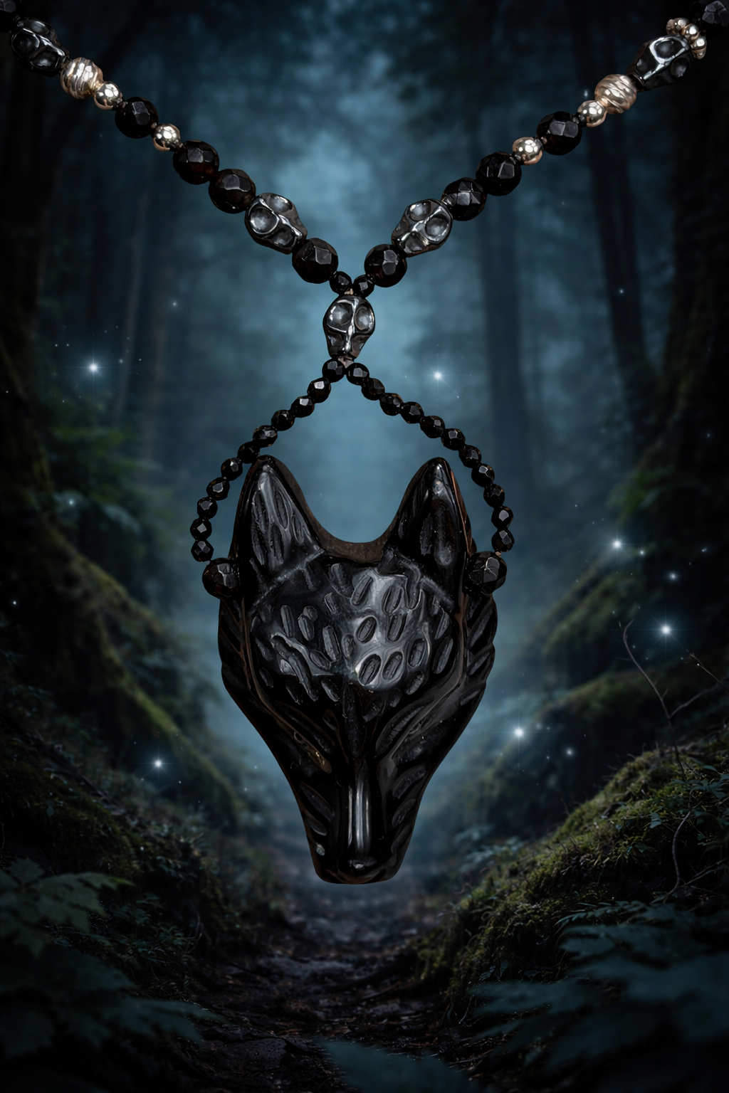 Silber 925, Obsidian, Achat, Hämatit | Wolf & Schädel | Halskette handgefertigt